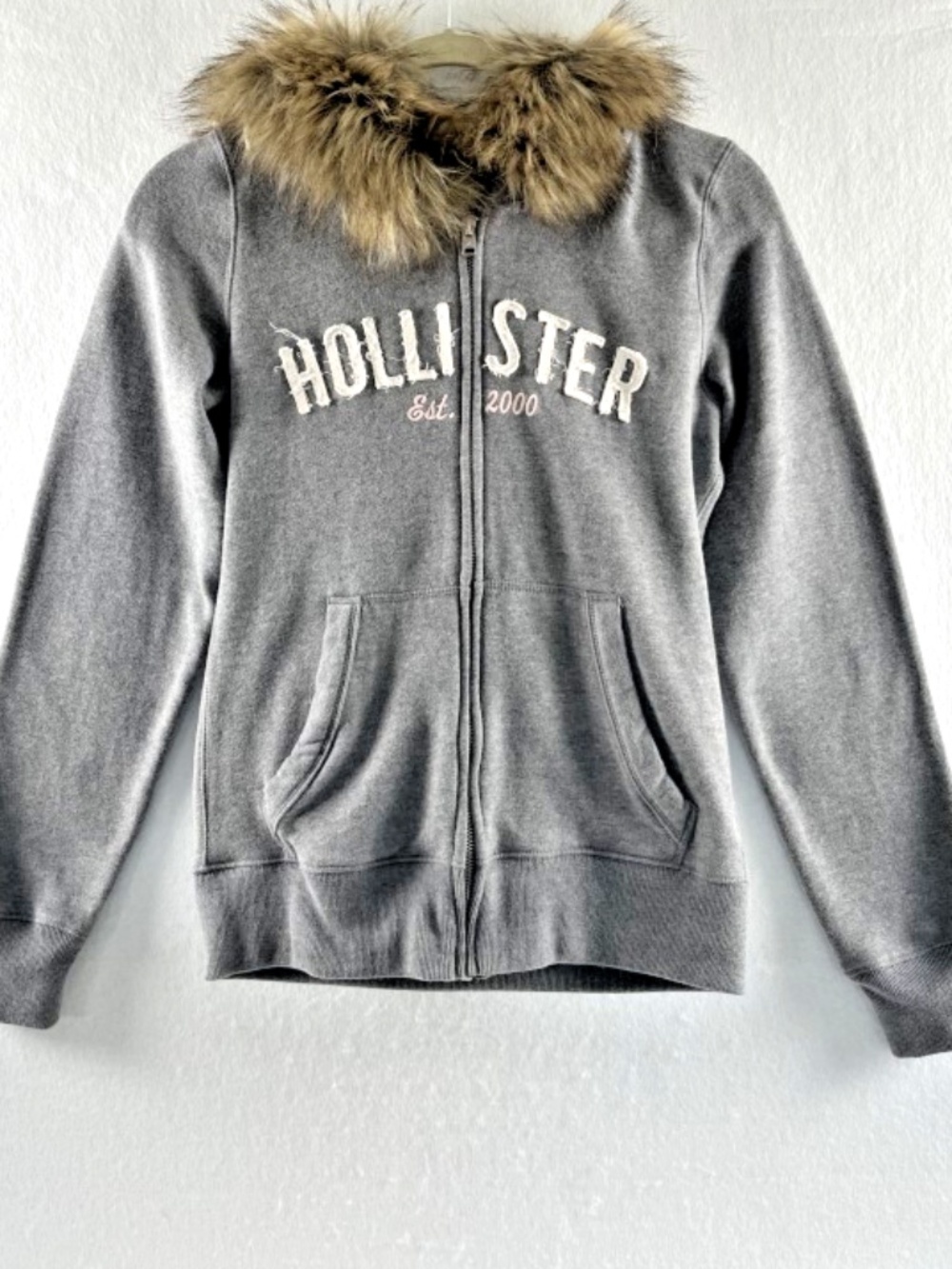 VTG Hollister Co. Detachable Faux-Fur Trim Y2K Zip-Up Hoodie Heather Gray Small